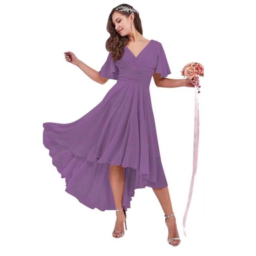 Woman’s DUSTY PURPLE High Low Bridesmaid Dress V Neck Pleated Ruffle