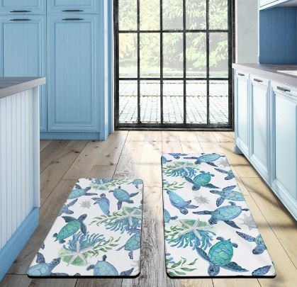 Coastal Beach Kitchen Rugs Mats Set of 2 Cushioned Anti Fatigue Rugs, Blue