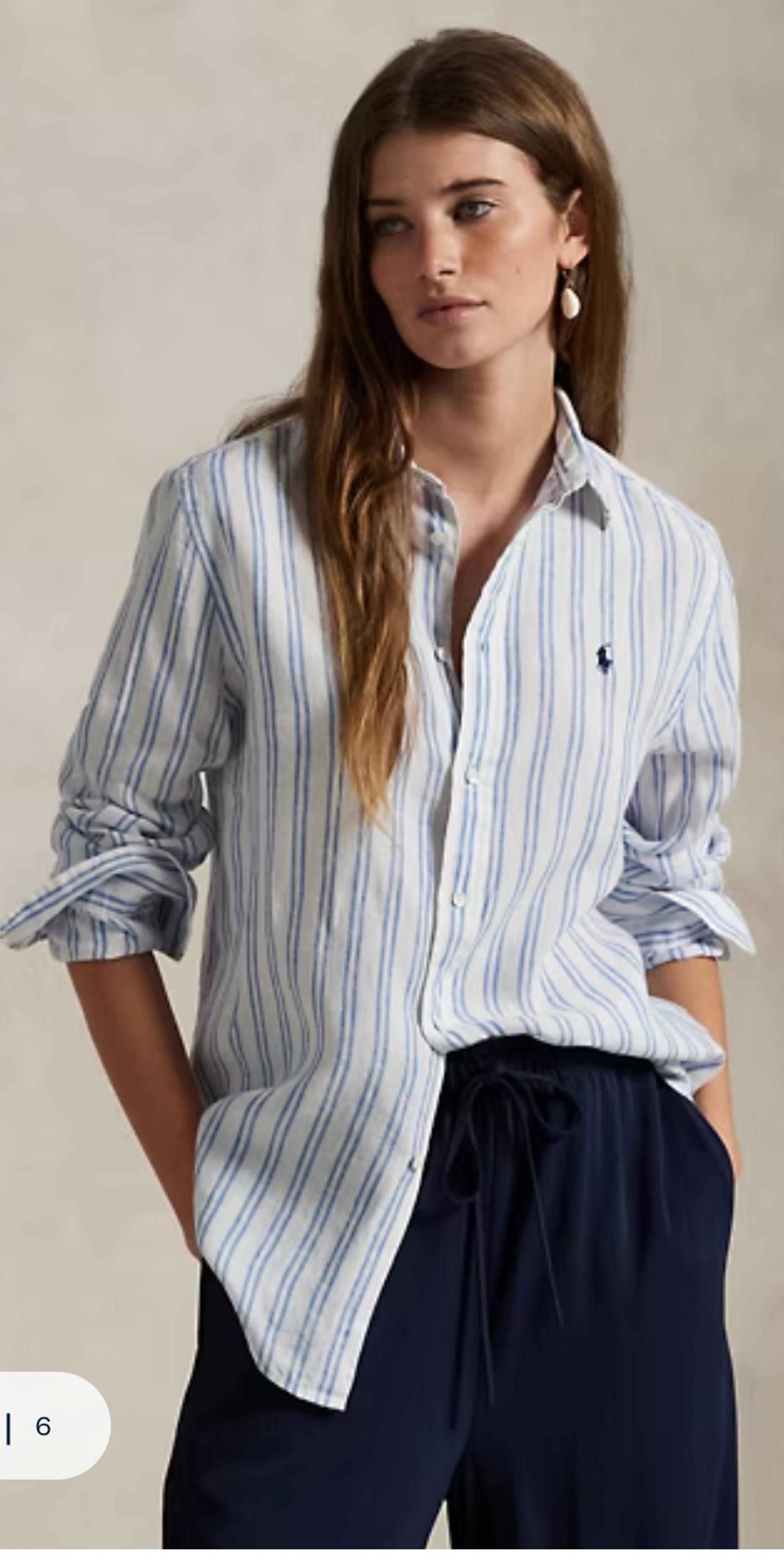 Ralph Lauren Classic Fit Striped Linen Shirt | COLOR: White Pond Blue | size S