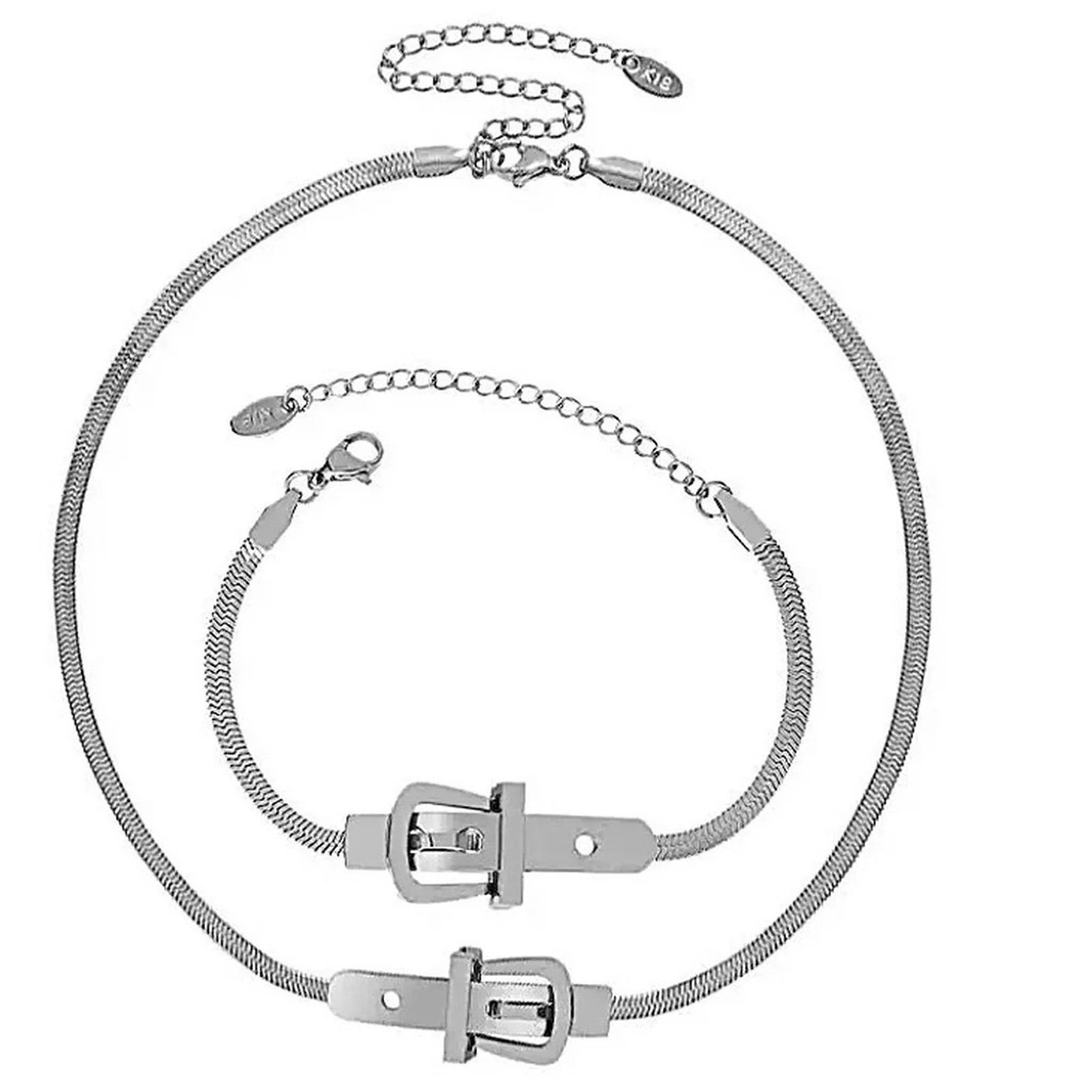 Buckle Design Sterling Silver Choker Matching Necklace Bracelet Set