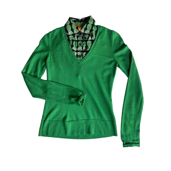 Tory Burch Pineapple Wool V-neck Sweater Mock Collar Blouse Green Women’s Sz. XS
