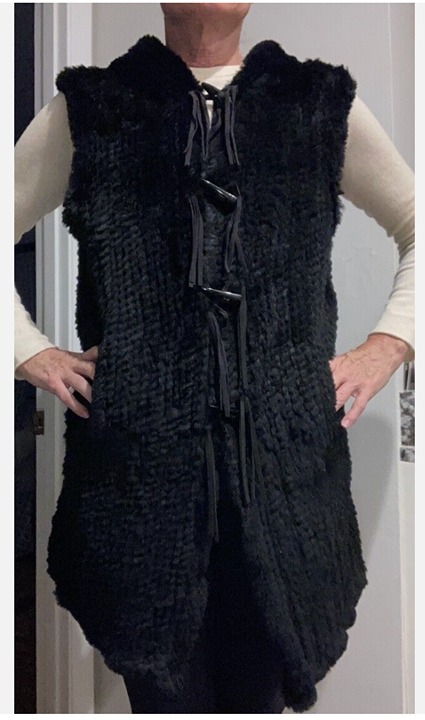 Mitchie's rabbit fur vest with hood and toggle closure. Black, size small EUC