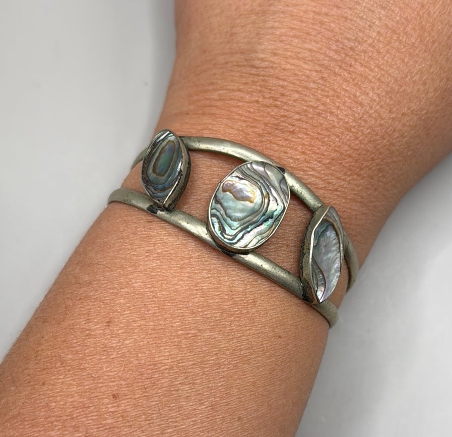 Vintage Silver Tone Abalone Shell Pearl Large Cuff Bangle Statement Bracelet
