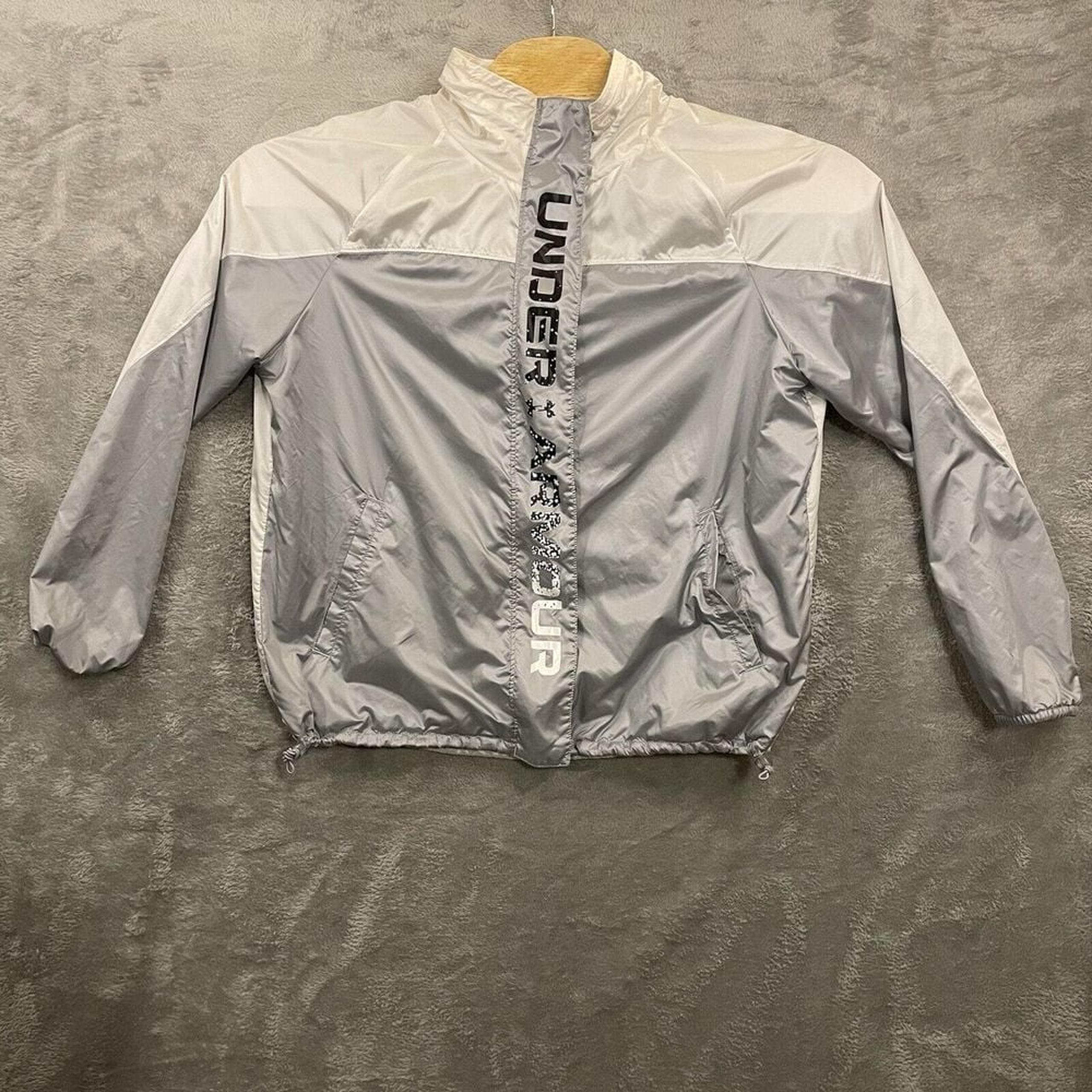Under Armour Full Zip Windbreaker Women Large Grey and White