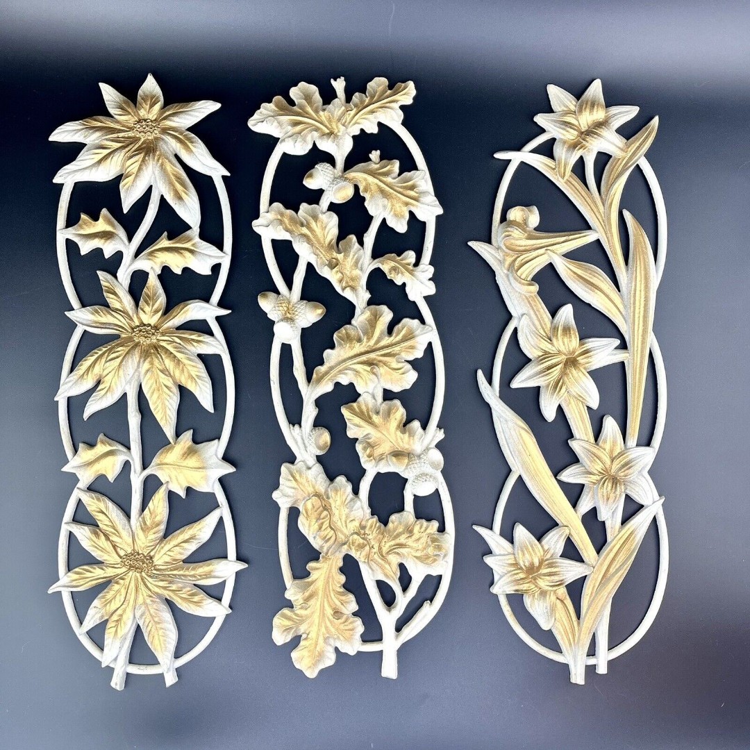 3pc Vtg H.J. Wilkie Cast Metal MCM Floral & Leaf Wall Hanging Art Gold RARE