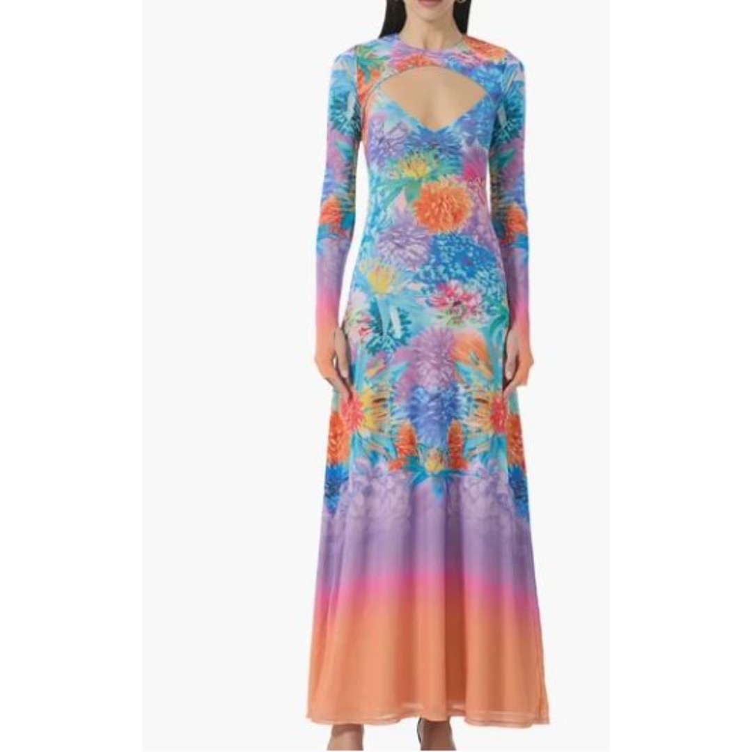AFRM Cyr Maxi Dress Womens XL Neon Botanical Mesh Detachable Long Sleeve Crop