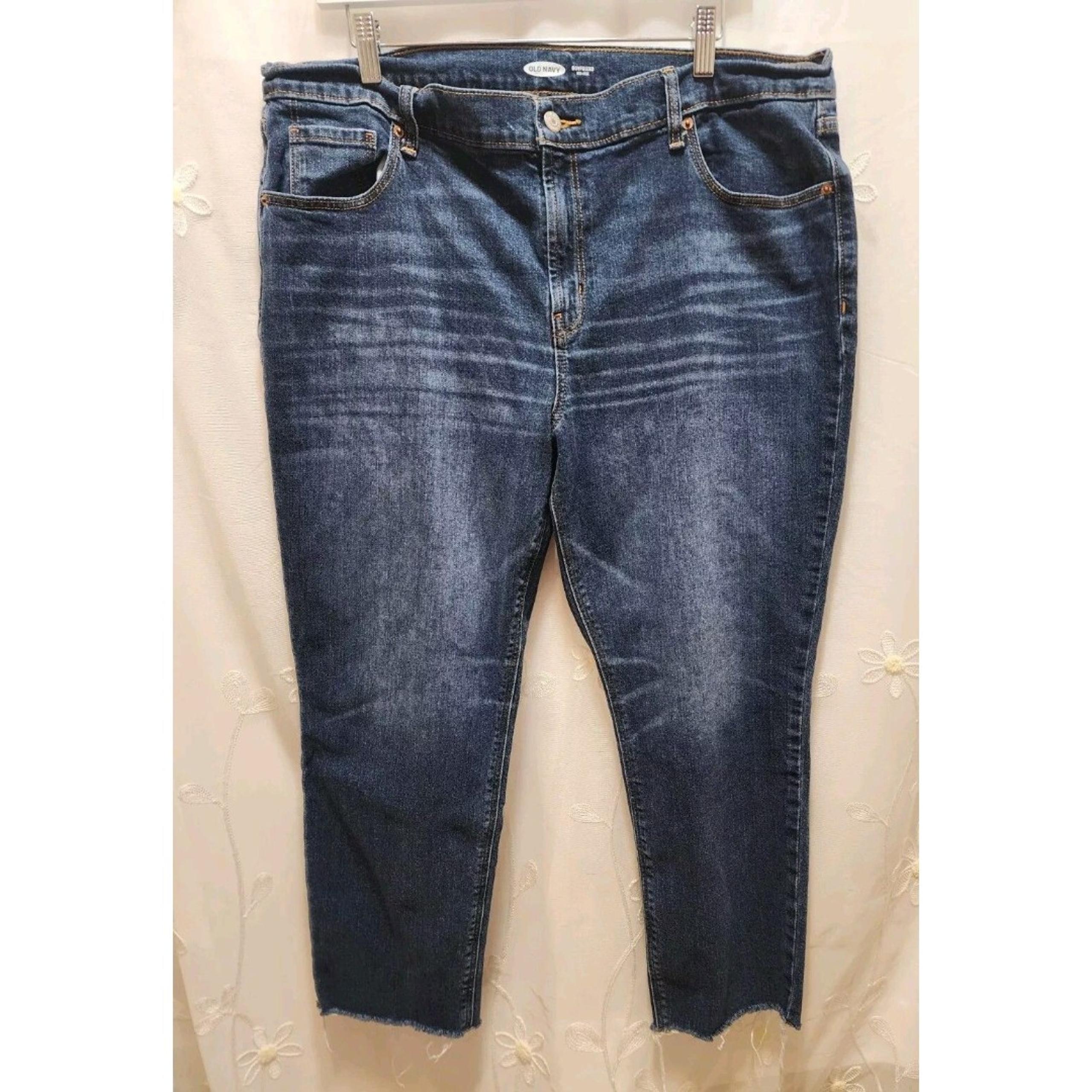OLD NAVY WOMEN 16 BLUE JEANS BOYFRIEND MID-RISE DISTRESS CUT OFF WHISKER WASH