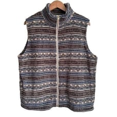 Women’s Sz M Fleece Aztec Zip Up Stripes Earth Tones Sherpa Fleece Vest