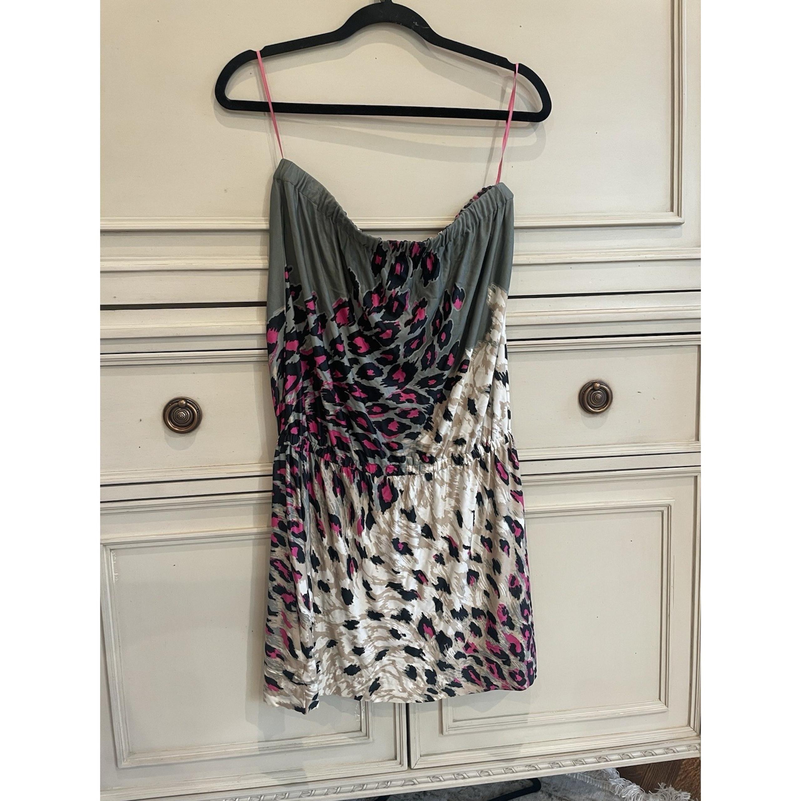 Tibi Green Pink Black Animal Print Strapless Dress Size Small Silk Blend Mini