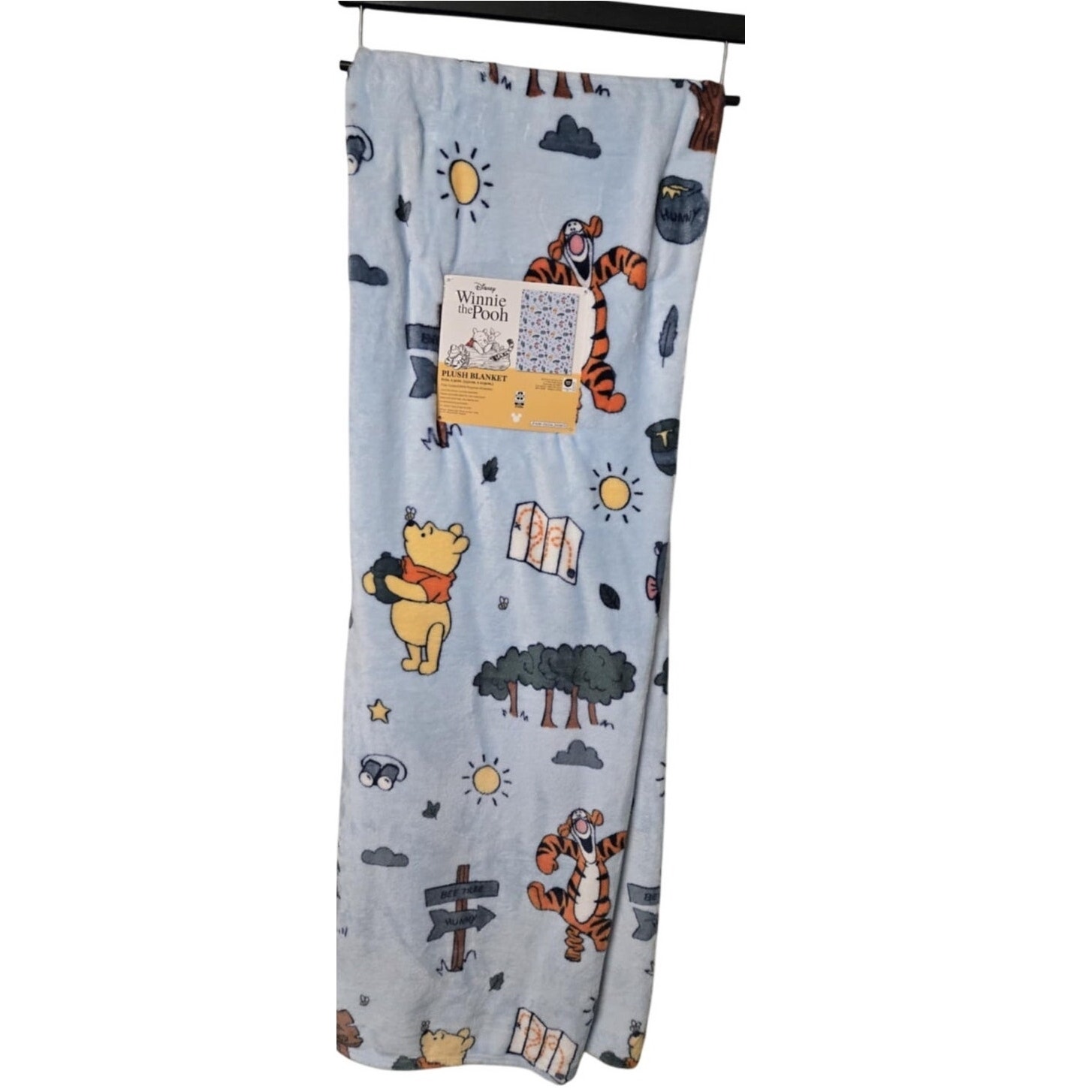 Pooh with all characters baby blue Plush blanket 60 BY 90 this is extra long