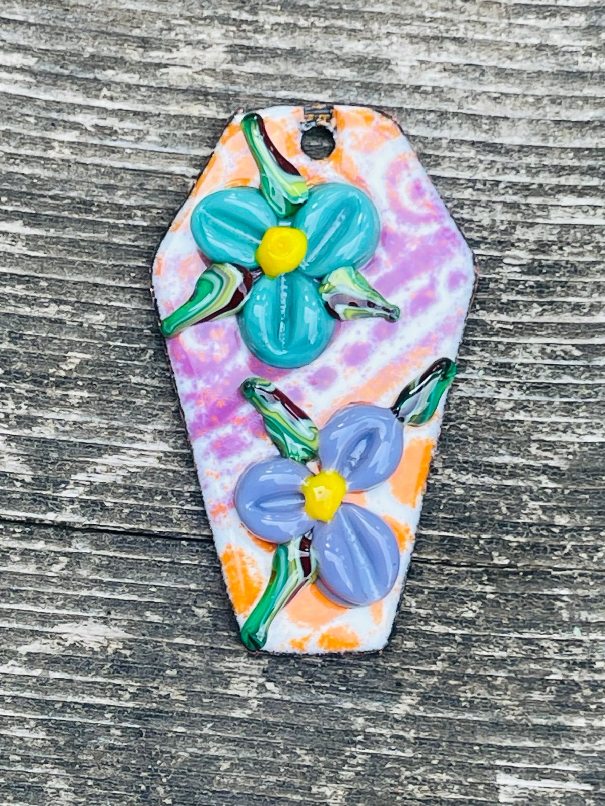 Coffin Pendant component glass enameled copper w Lampwork glass flowers artisan