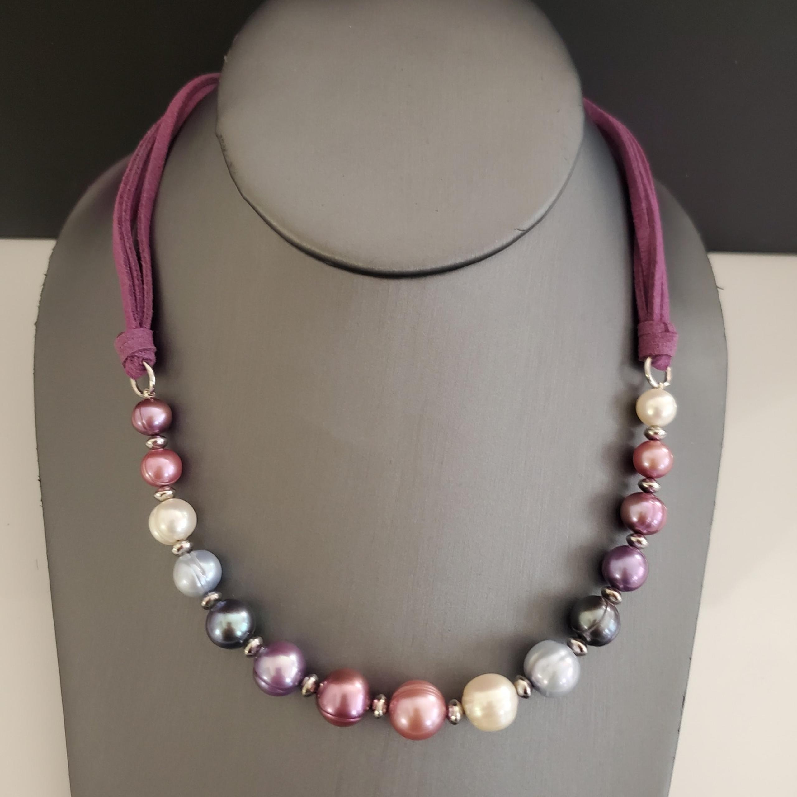 Ringed Freshwater Pearl Necklace in Jewel Tones on Purple Suede Cord - Honora