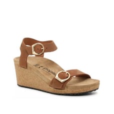 Birkenstock 38 Narrow Width Papillio Soley Wedge Sandal Cognac Ring Buckle NWT