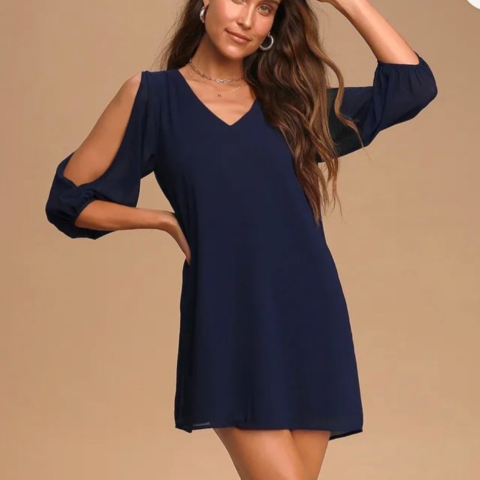 Lulus Shifting Dears Navy Blue Long Sleeve Dress MEDIUM
