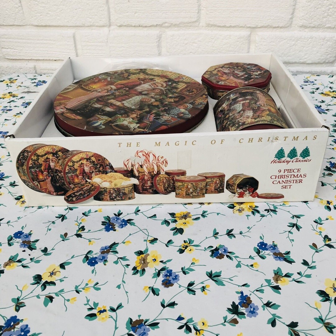 Vintage Christmas Canister 9 Piece Tin Set Old World Santa NIB