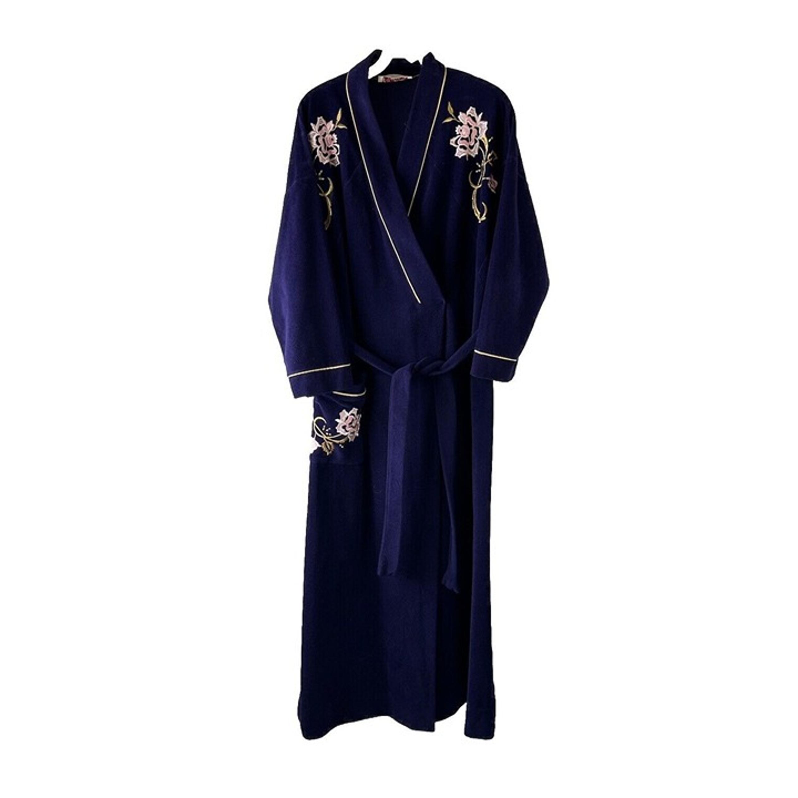 Vintage 80s Vanity FairFloral Embroidered Fleece Bath Robe Small USA Deco Gatsby