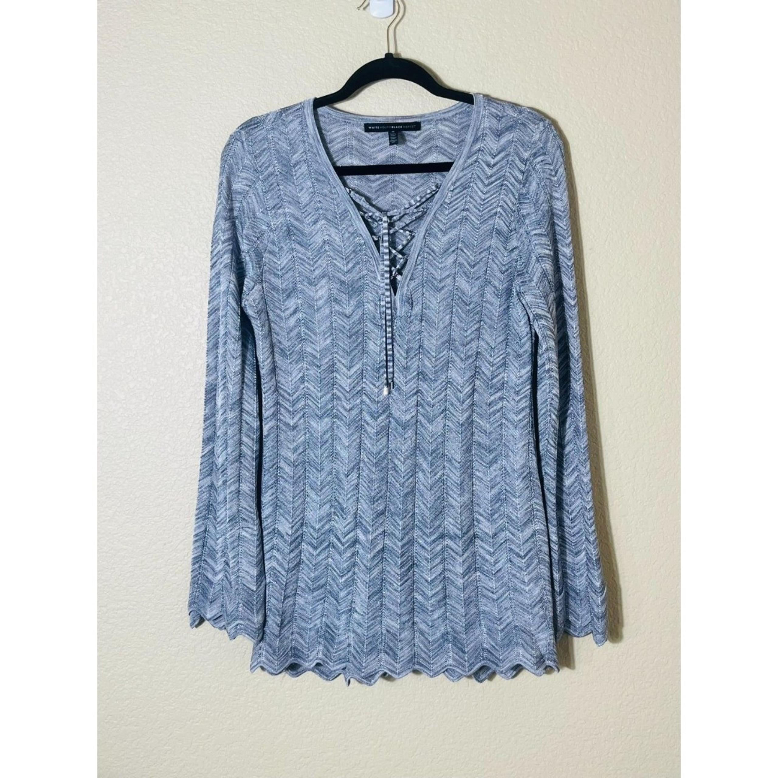 White House Black Market Navy Silver Sweater Medium V Neck Long Sleeved