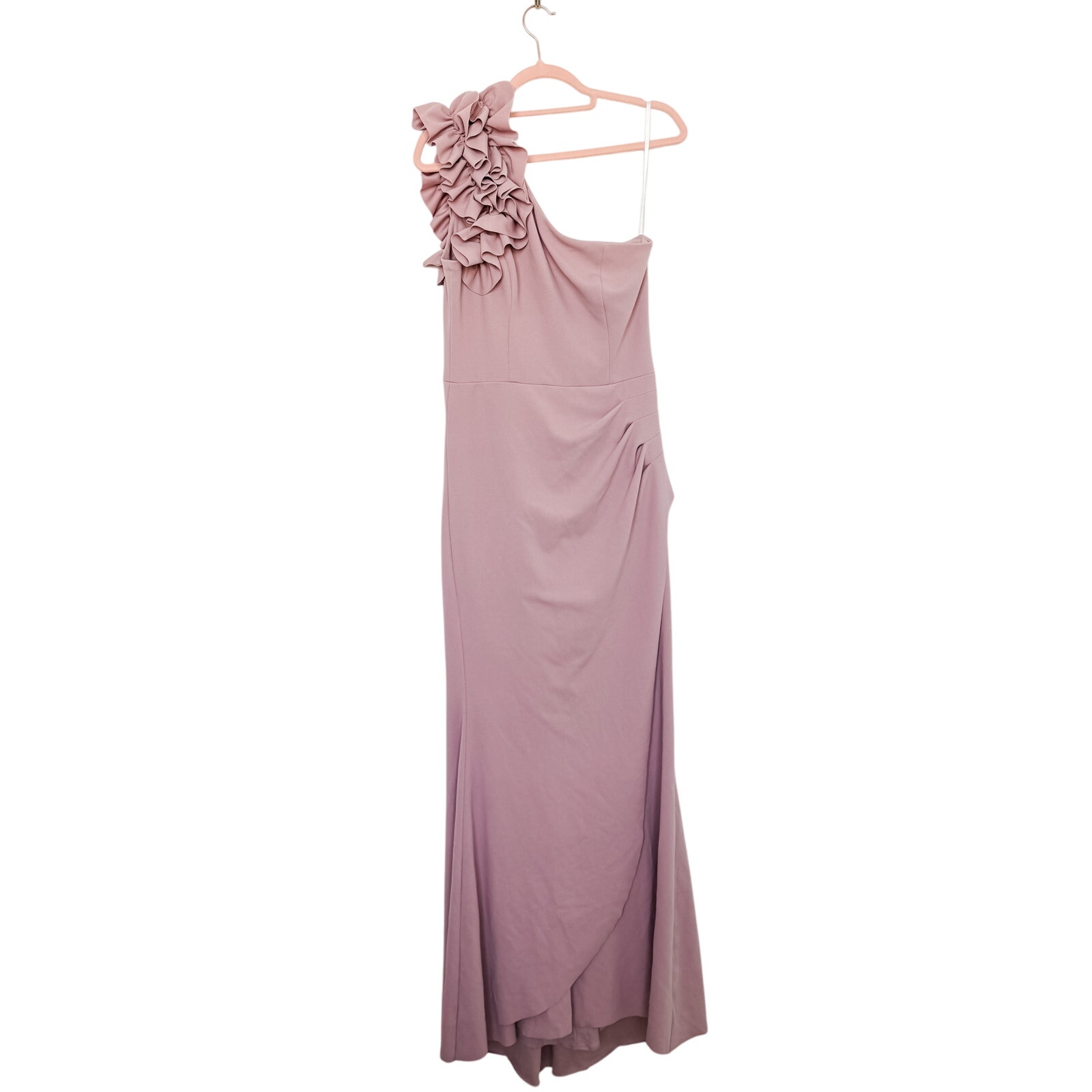Xscape Womens Dress Sz 10 Blush One Shoulder Ruffle Scuba Crepe Maxi Formal Gown