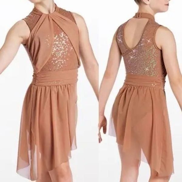 Weissman Dance Costume tan beige dress sequin mesh Hand In Hand 13443 LC