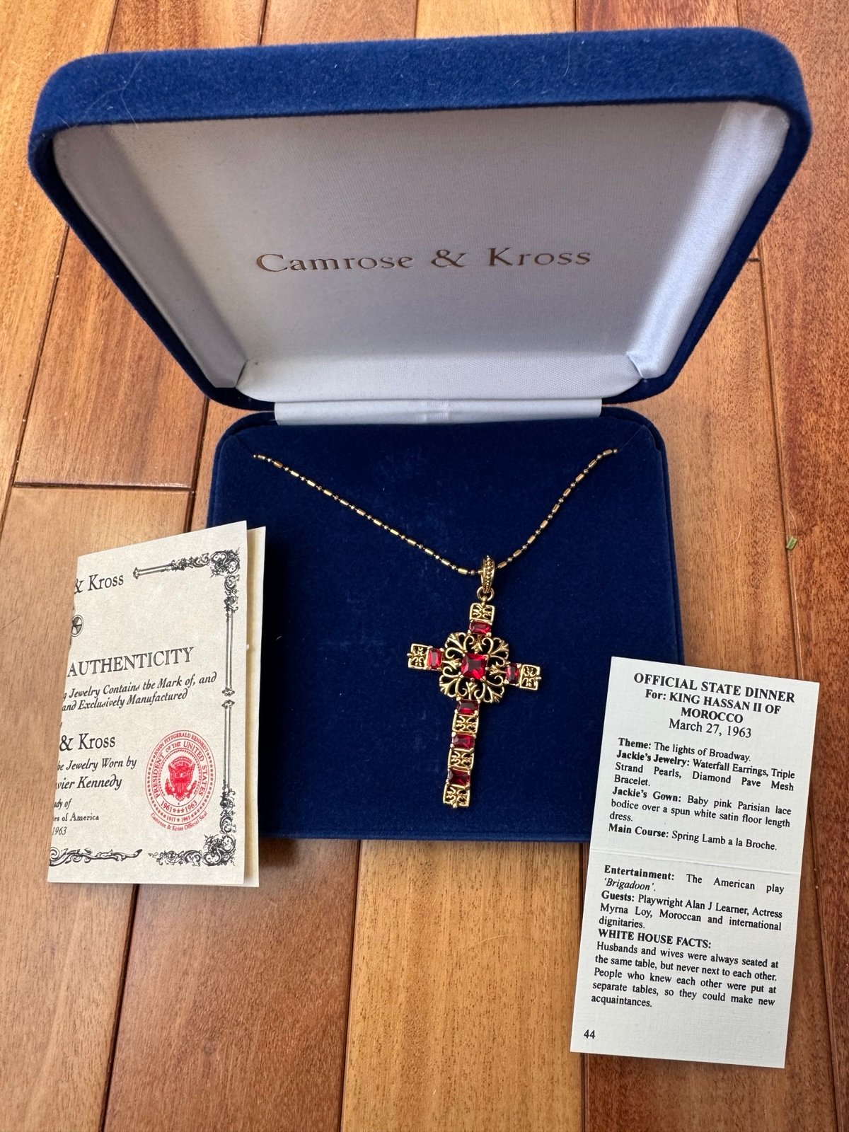 Camrose & Kross Jacqueline Bouvier Kennedy Gold Cross Necklace with Red Stones
