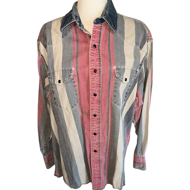Vintage 1990s Wrangler Brushpopper Pearl Snap Distressed Shirt Size XL