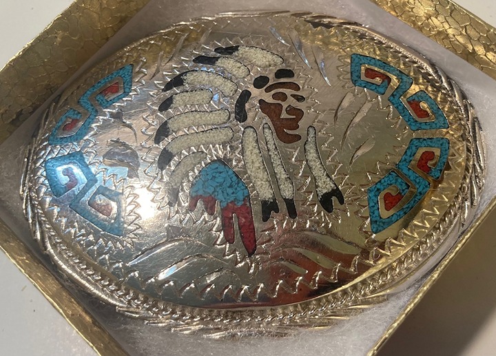 Vintage Metal Belt Buckle, Nice Silver and Red and Blue Crushed Turquoise Stones