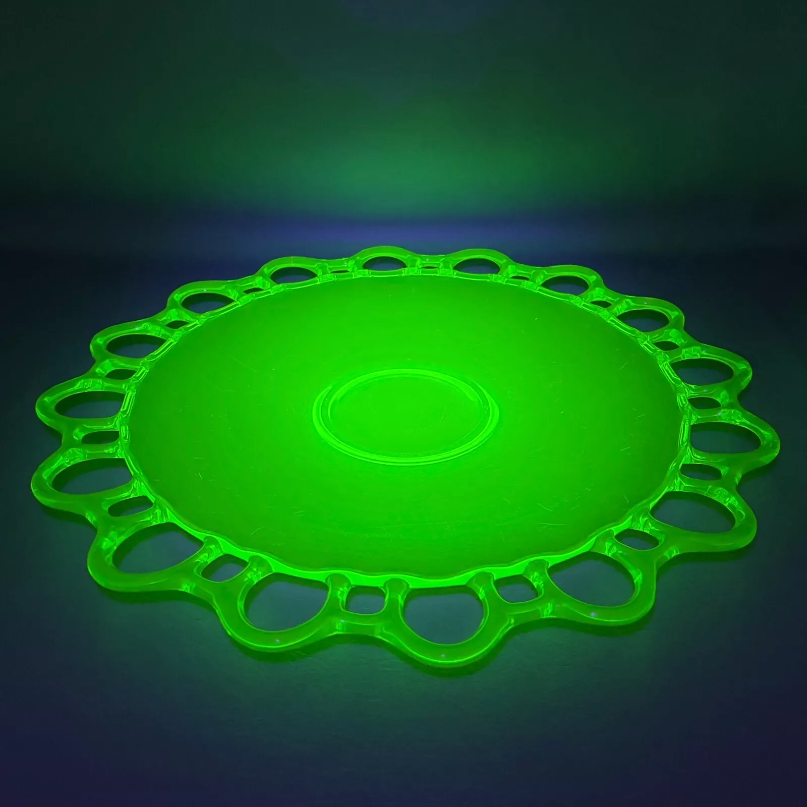 Vintage Lancaster Open Lace Green Glass Uranium Cake Plate Tray 14 Glow