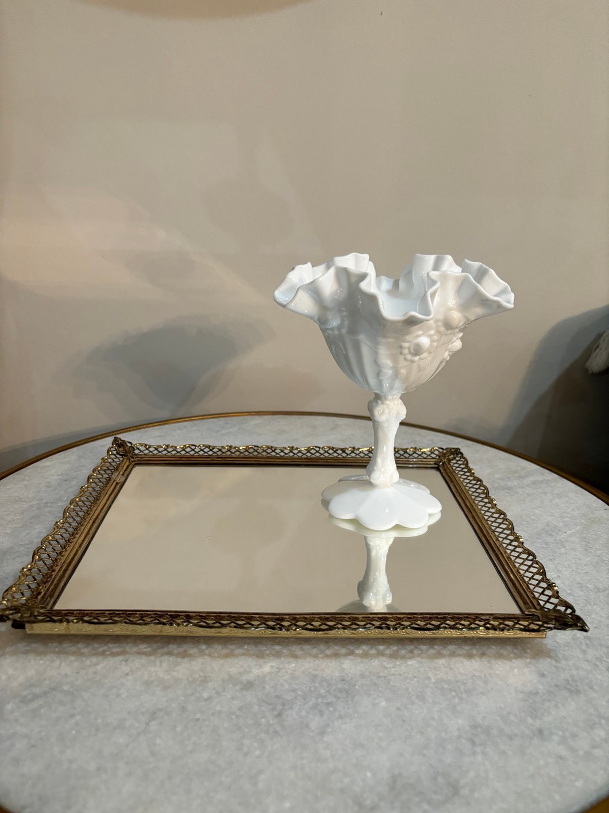Vintage Fenton Milk Glass Ruffled Rose Design