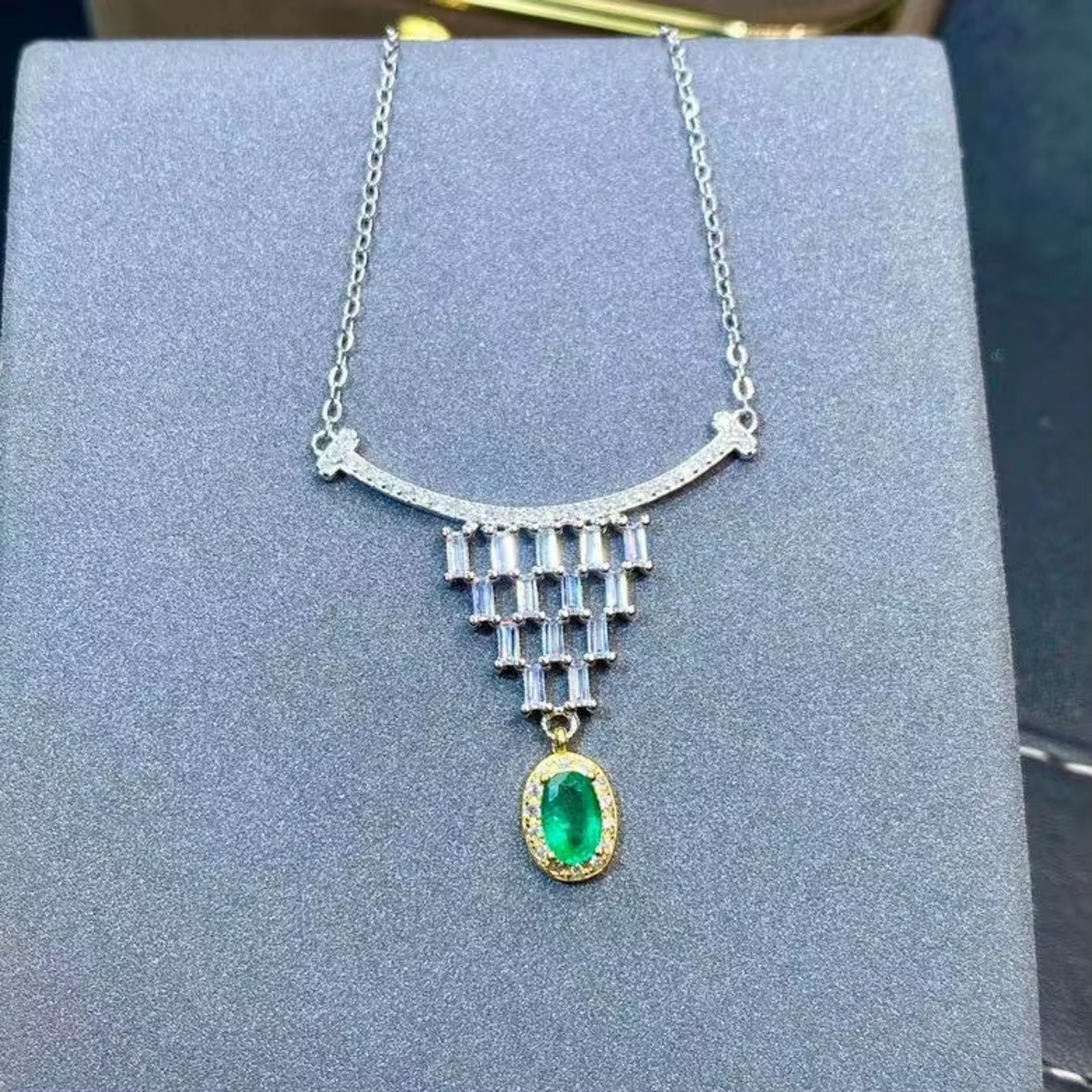 Natural Emerald Necklace, Genuine Emerald Statement Necklace Sterling Silver