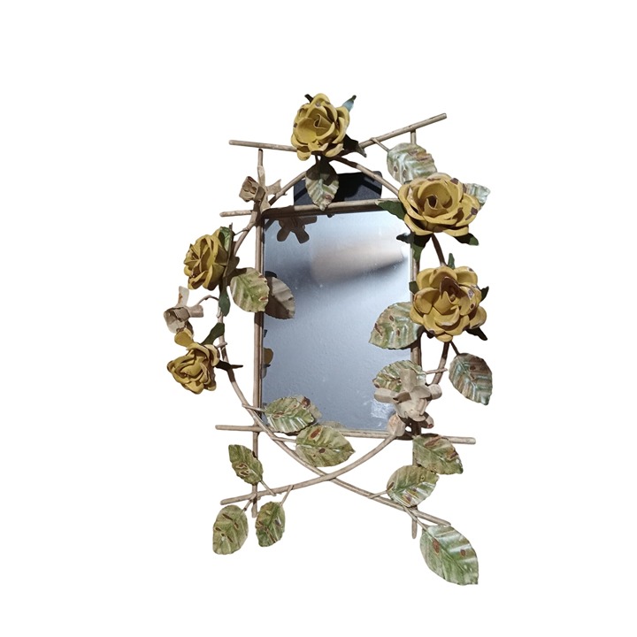 Vintage Floral Yellow Rose Toleware Mirror Shabby Chic Cottage Core French Style
