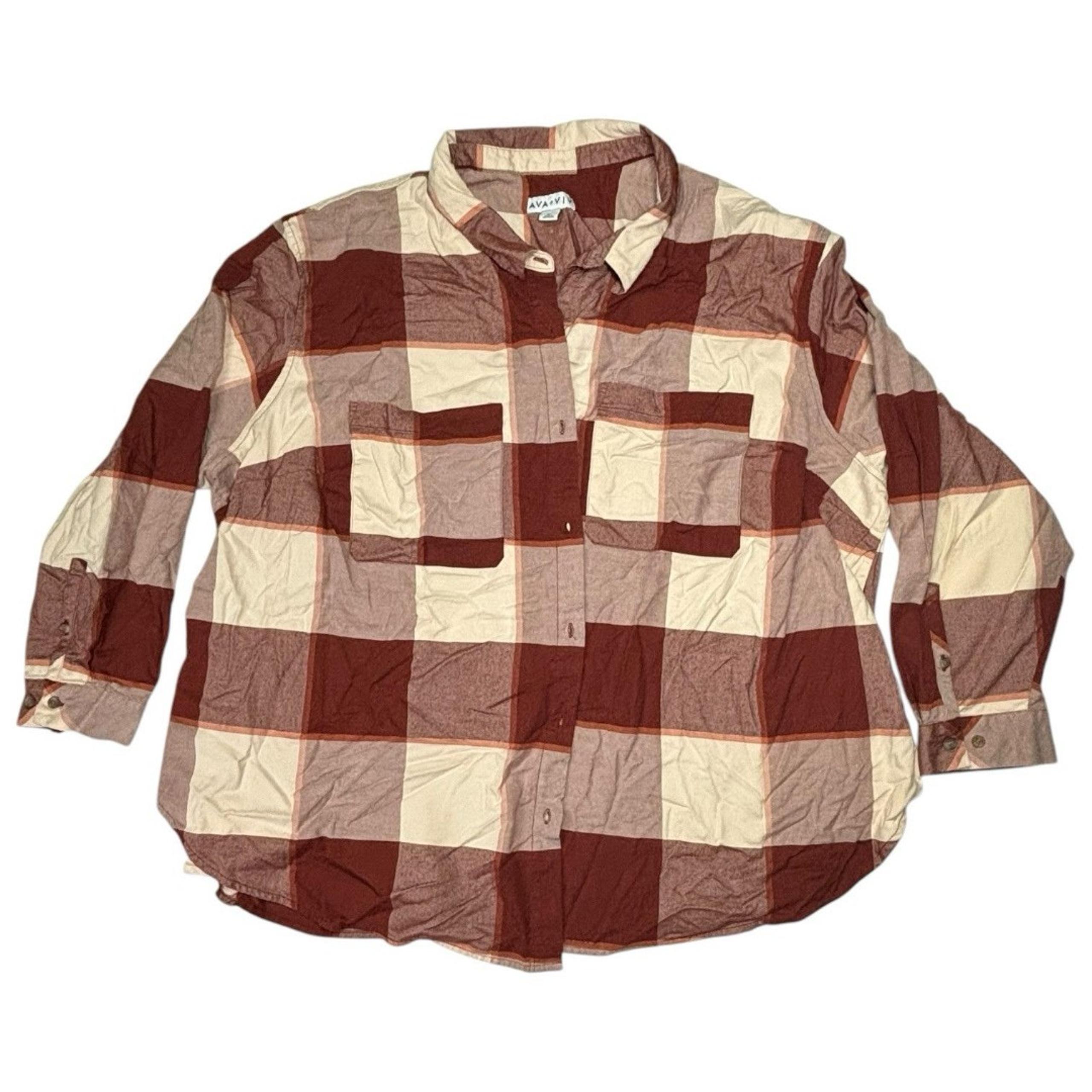Women's Long Sleeve Flannel Button-Down Shirt - Ava & Viv Wine Cream Plaid 3X