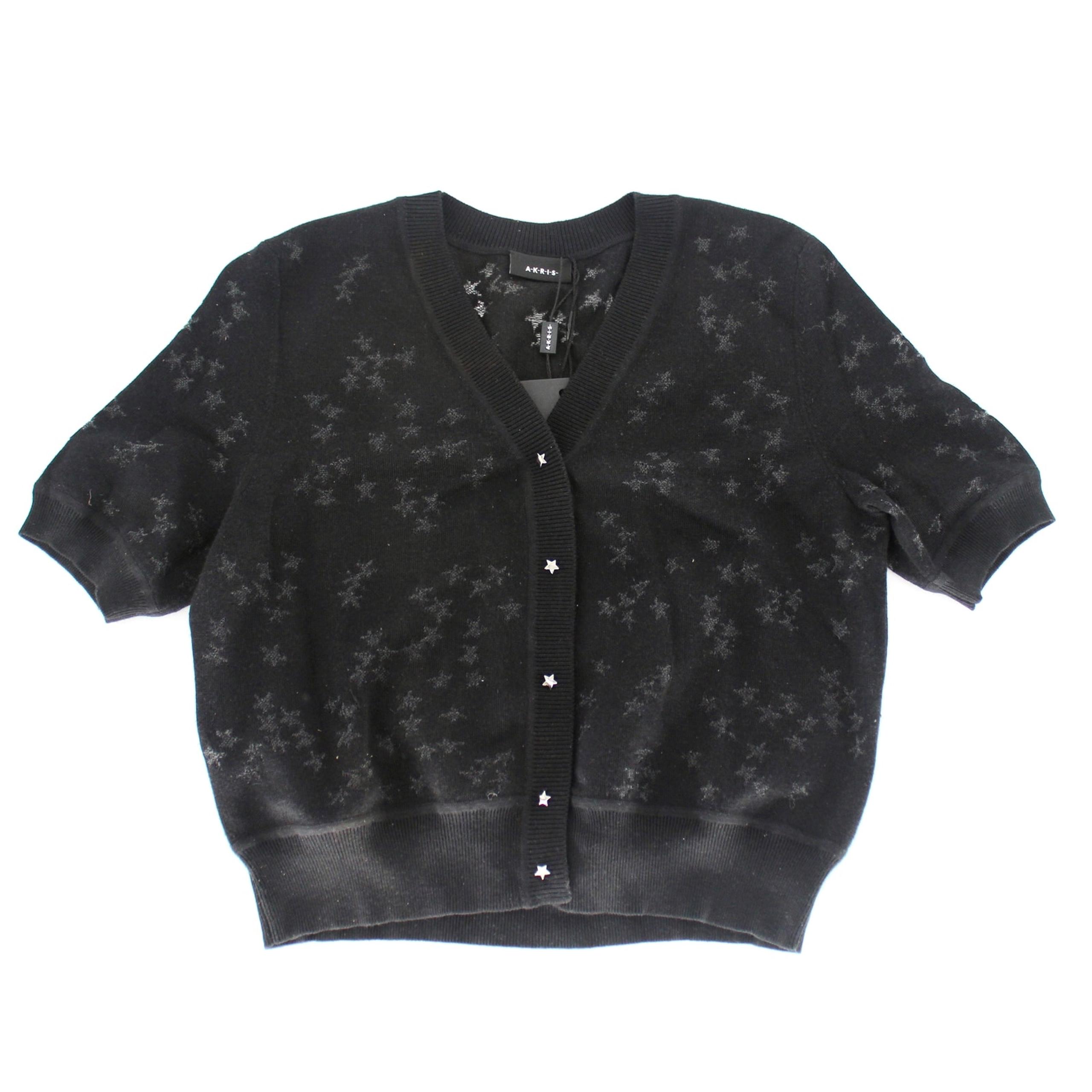 Akris Wool Silk Blend Knit Short Cardigan Stars Intarsia Detail Black Size 6 NEW