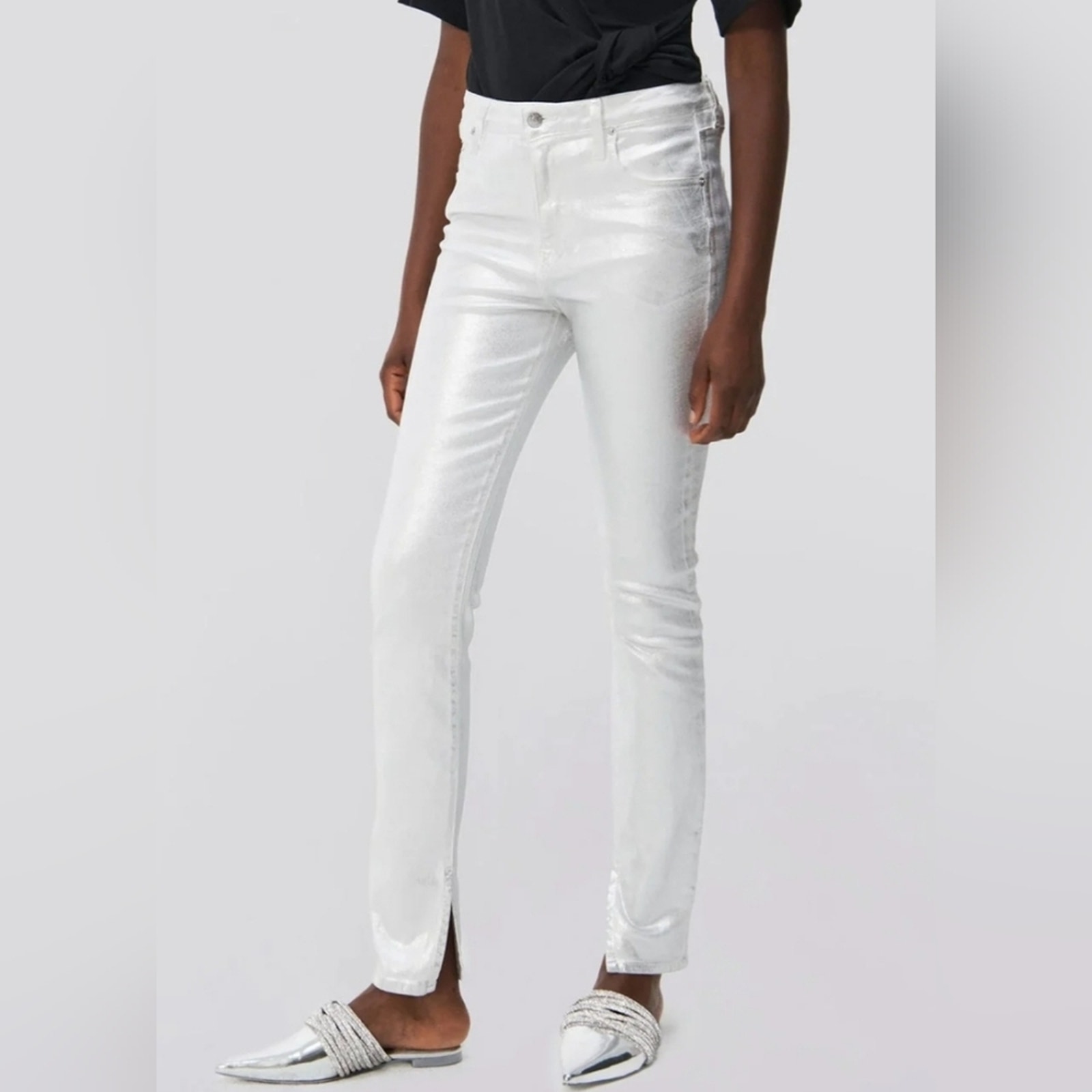 SIMKHAI Rae High Rise Skinny Denim Jeans in Silver Foil, Stretch | 27