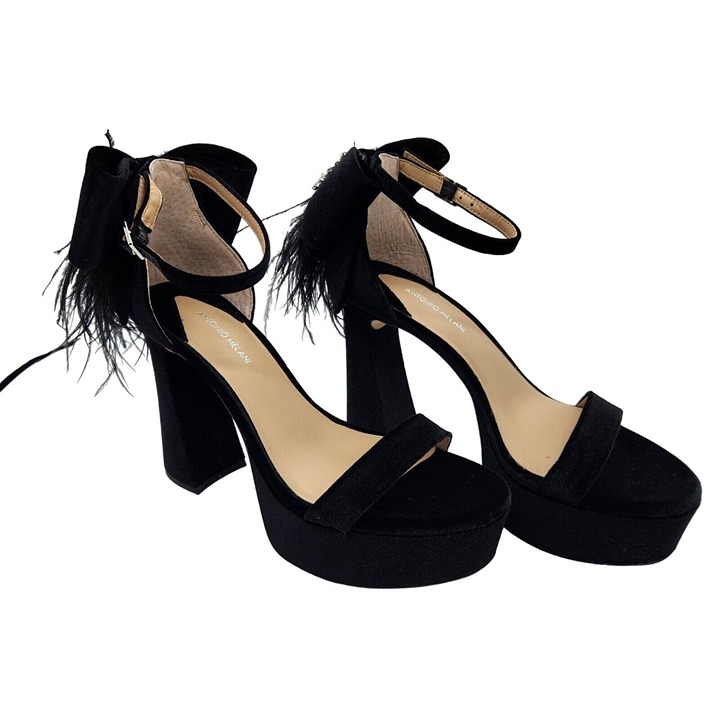 Antonio Melani Platform Sandals Size 7.5 Black Velvet feathers Rhinestone 662
