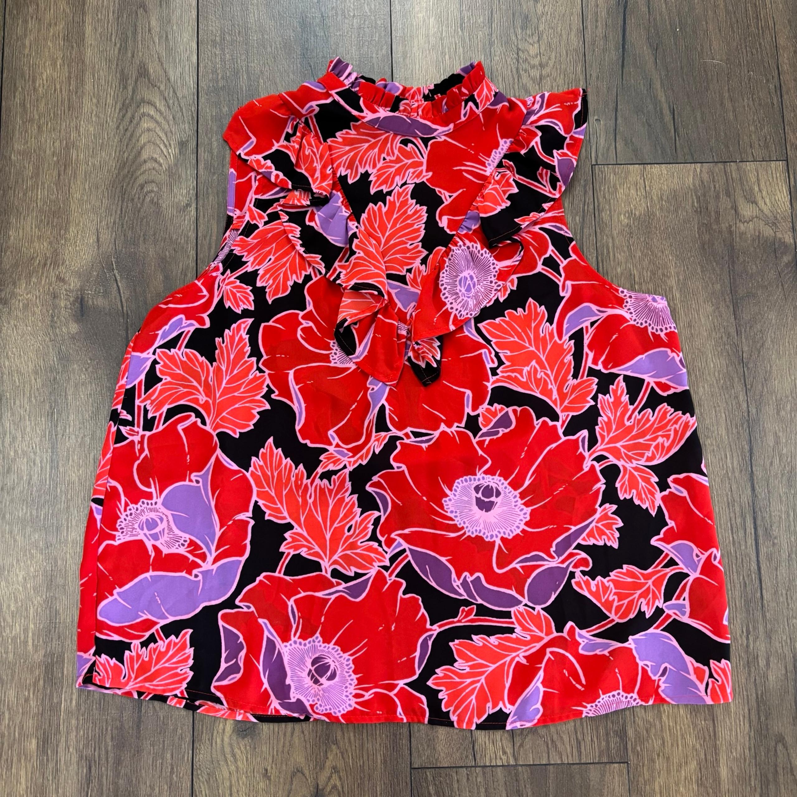 WHO WHAT WEAR mock neck red floral blouse, size medium