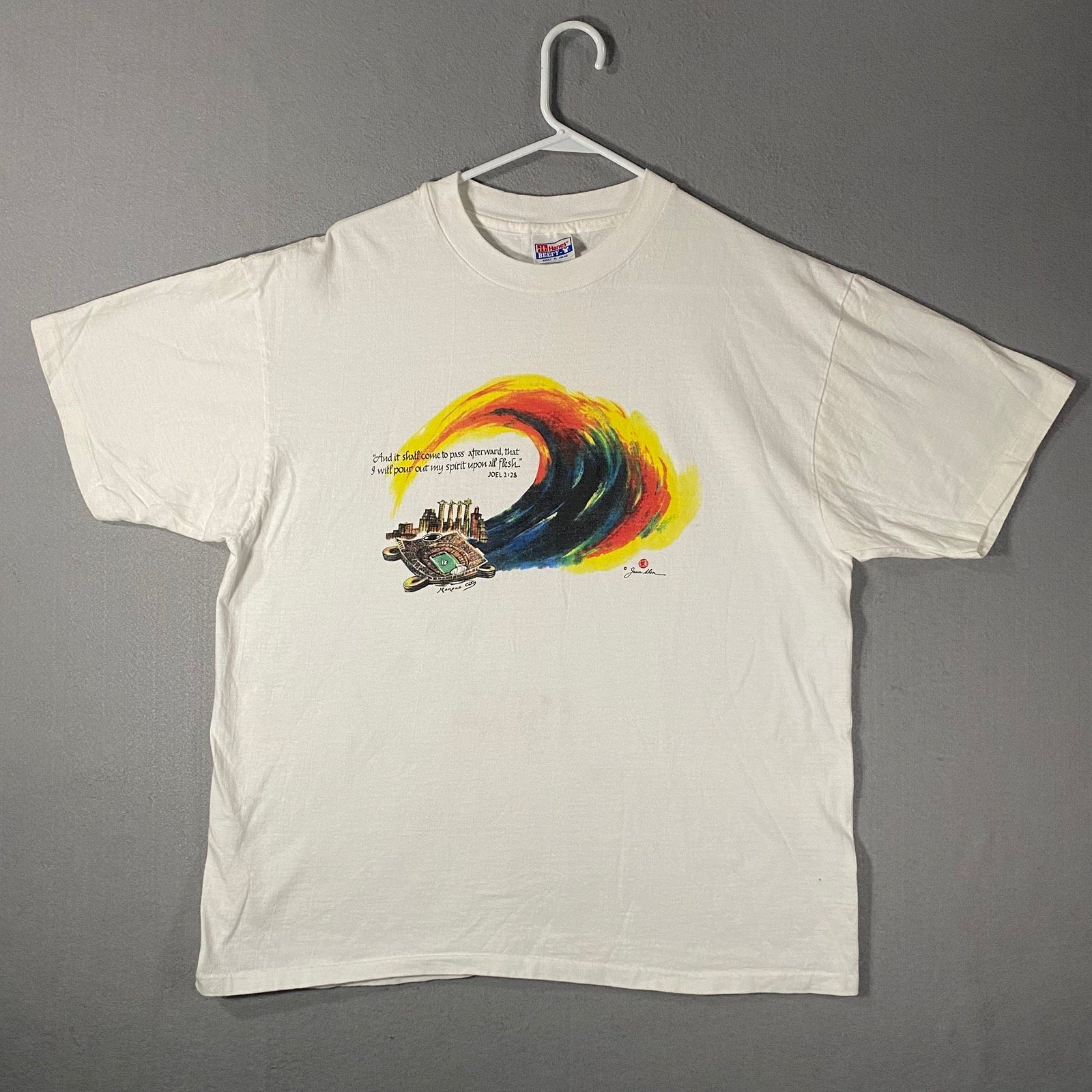 Vintage Kansas City Joel 2:28 Artist Jean Shen Bible Art T Shirt White T Size XL