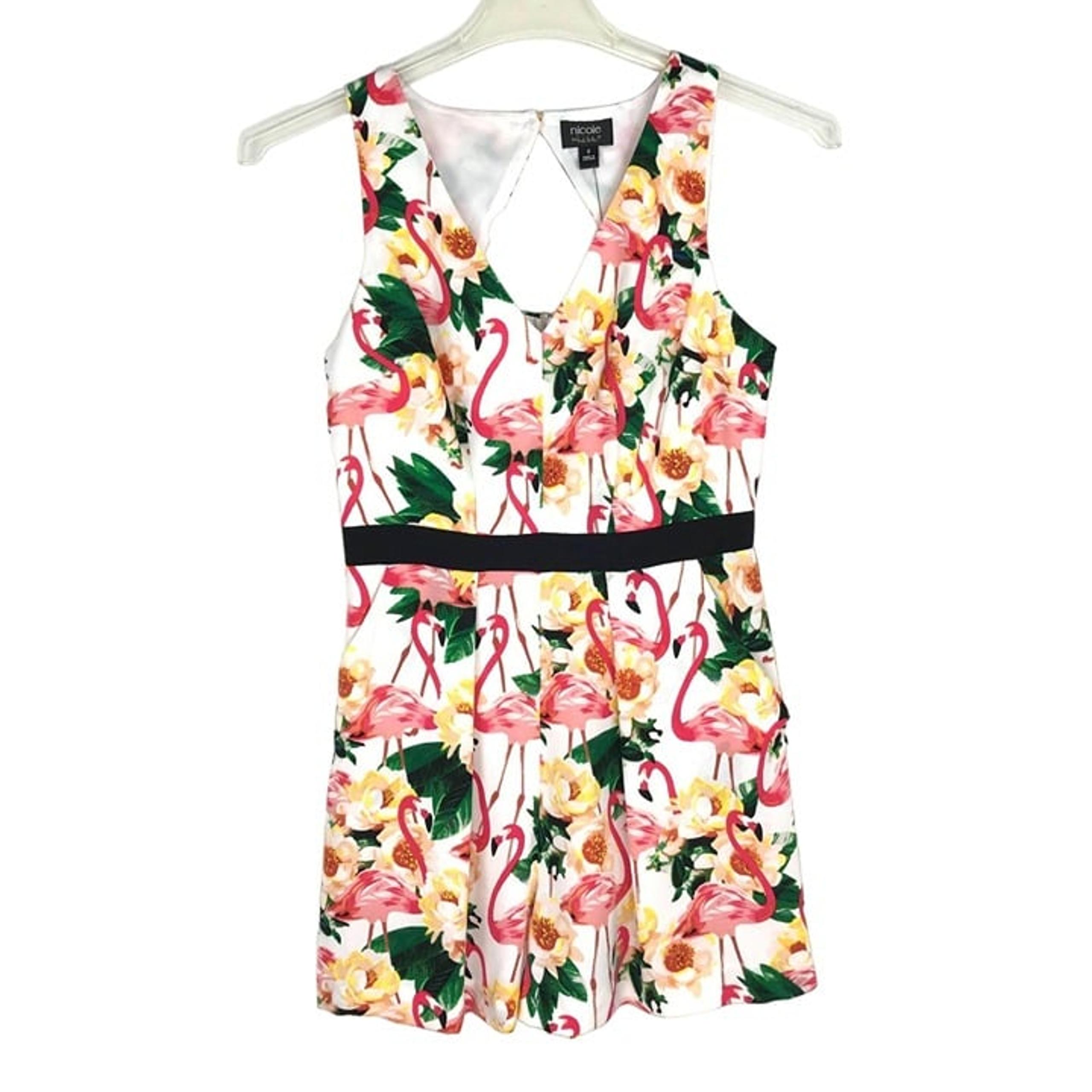 NWT Nicole by Nicole Miller Womens 2 Romper Flamingos Floral Keyhole Back VNeck