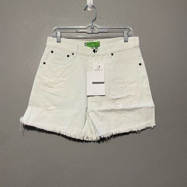 Sandrine Rose Free People White High-Rise Denim Distressed Shorts 29 Fringe Hem