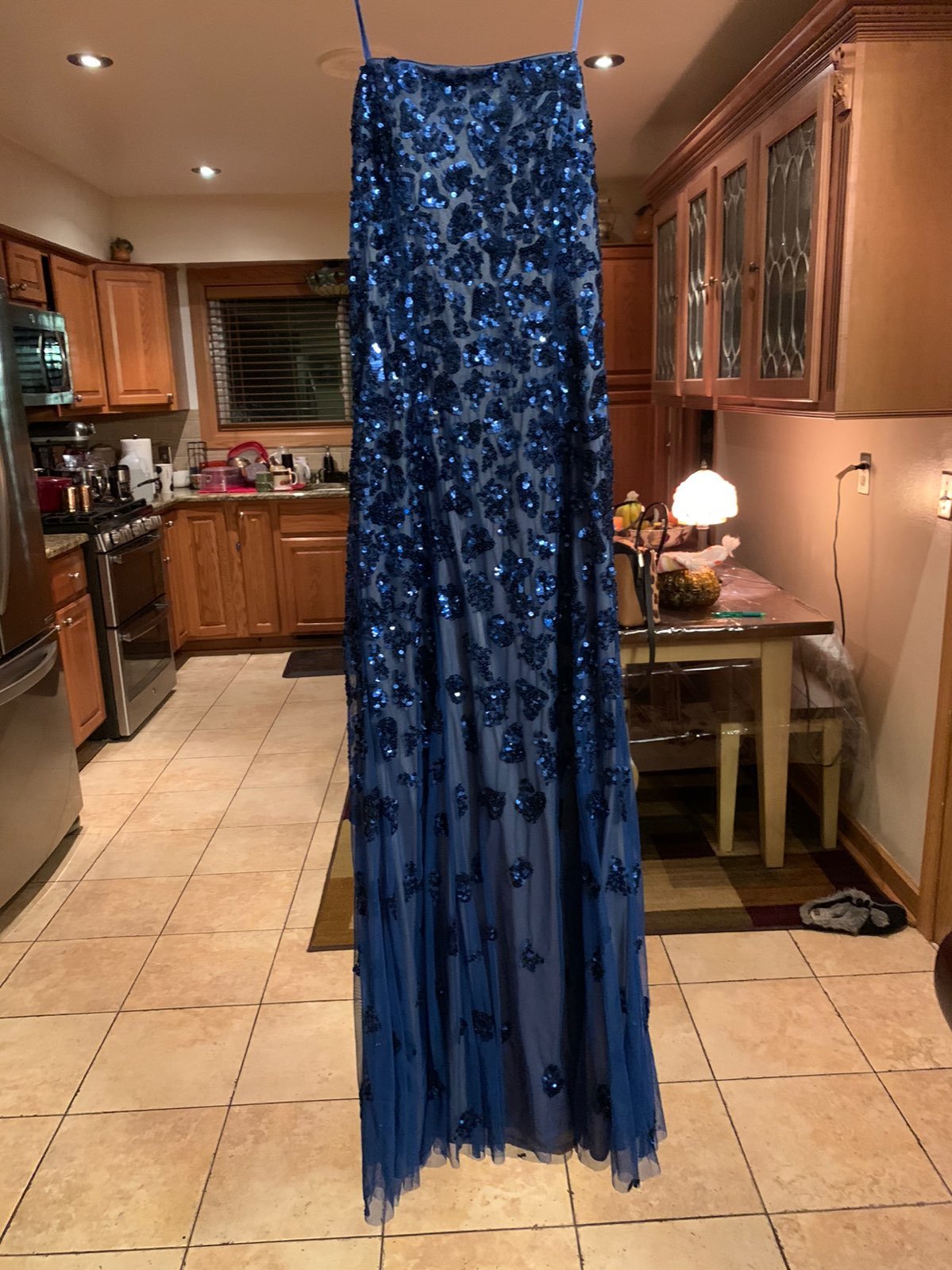 Beautiful blue beaded strapless evening