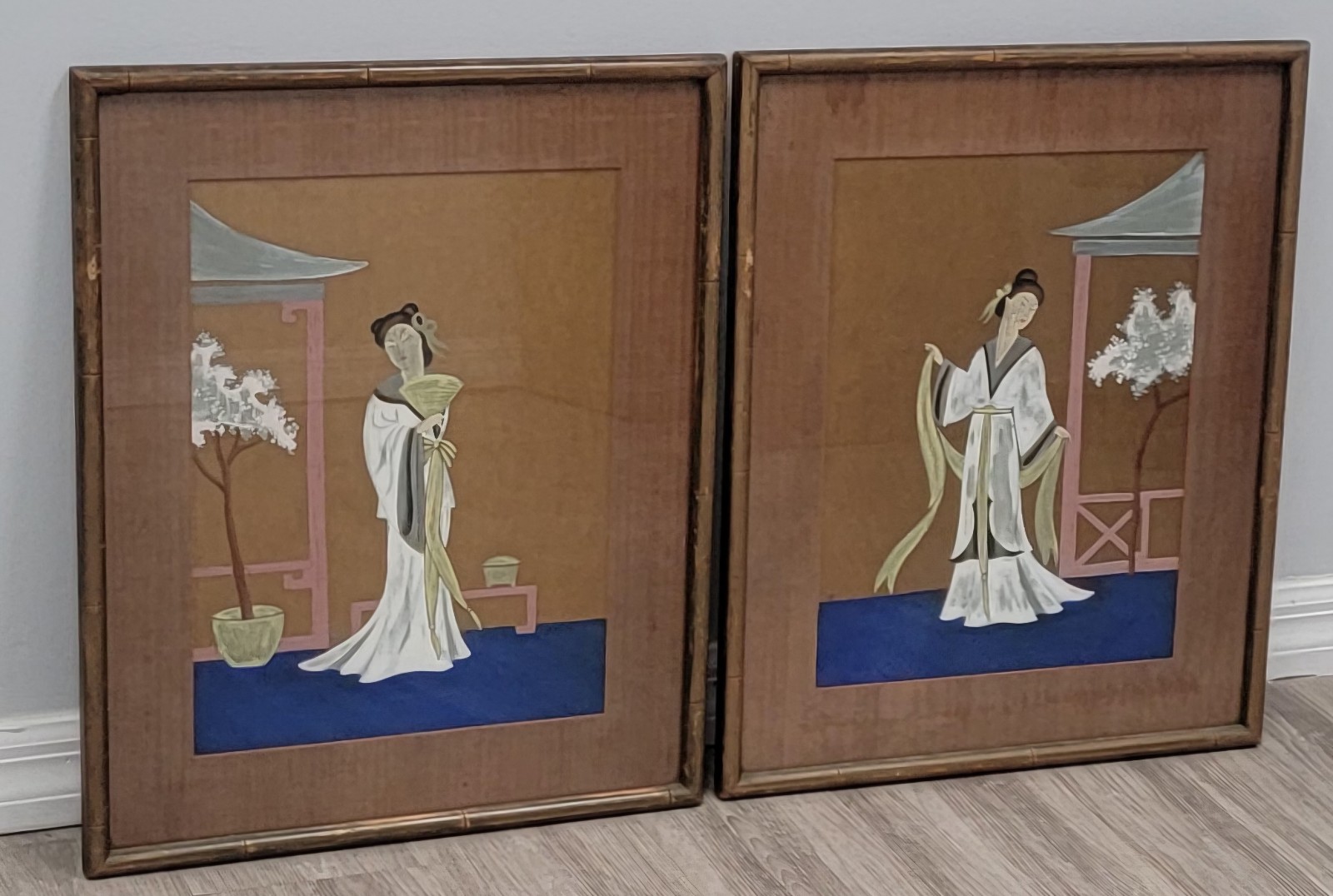 TWO VINTAGE ASIAN SILK ART 19X23 FRAMED