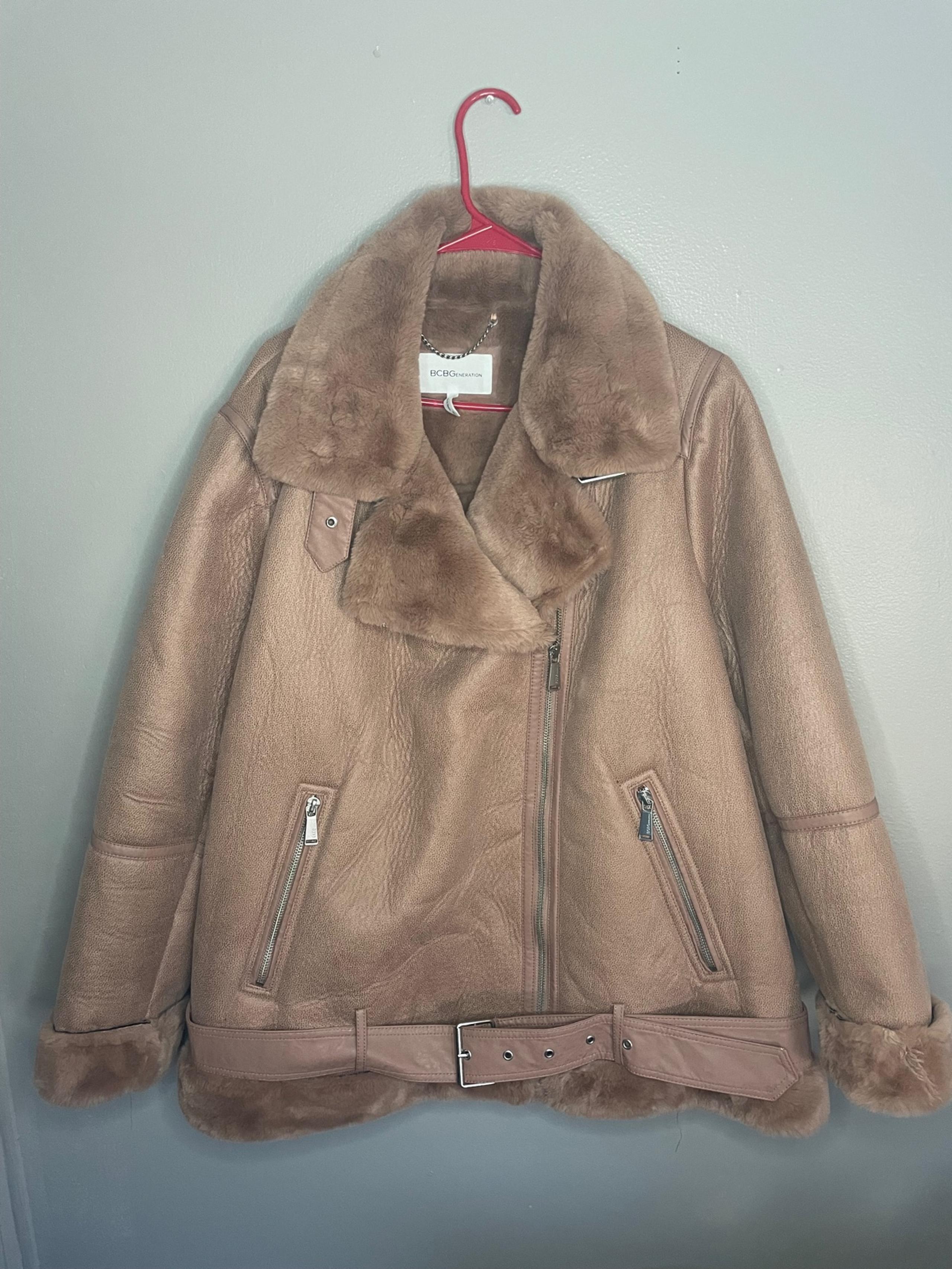 BCBG Generation Women Faux Leather Fur Jacket New M Blush Pink with Belt