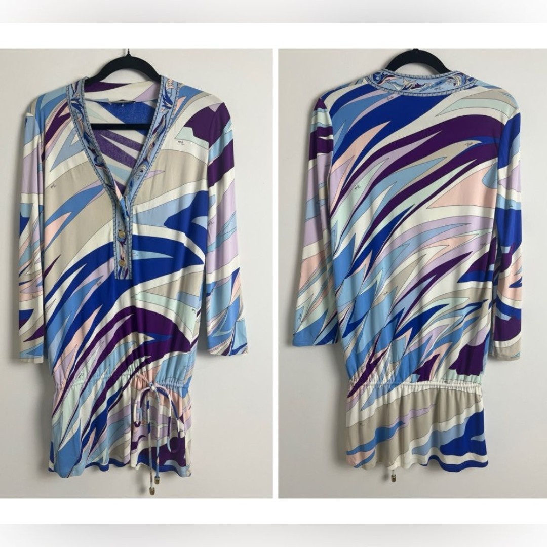 Emilio Pucci Classic Multi-Color Print 3/4 Sleeve Drawstring Dress Tunic US 12