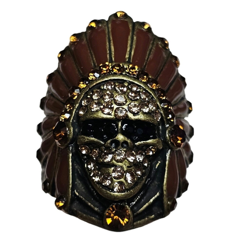 Indian Chief Skull Brown Rhinestones Sz7 unisex bling ring. Motorcycle. Dark.