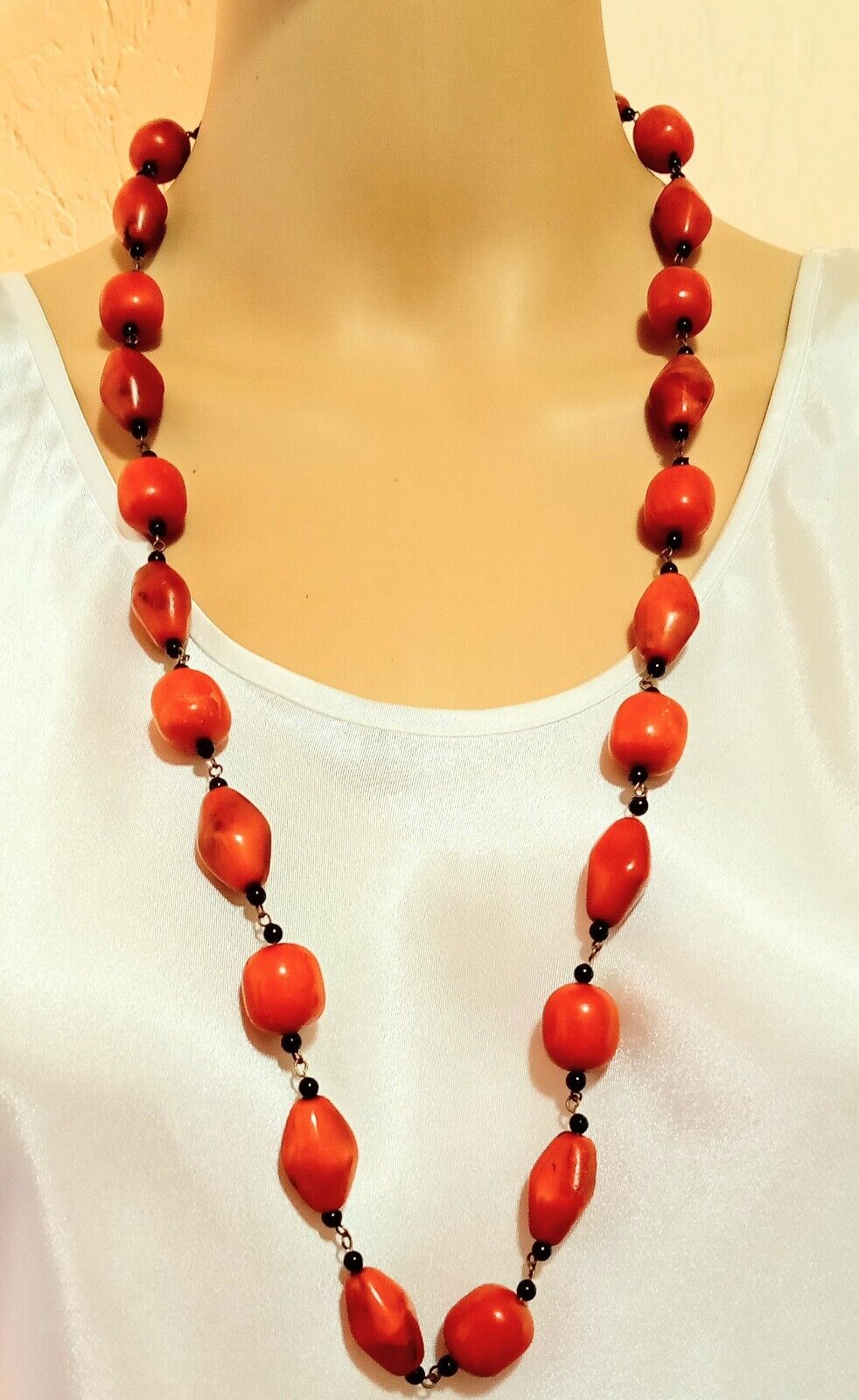 Vintage Butterscotch Amber Bakelite and Black beaded 70s Station Necklace