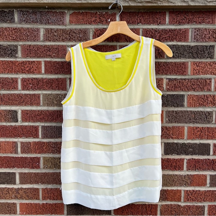 LOFT Yellow Cream and White Layered Striped Scop Neck Chiffon Tank Top