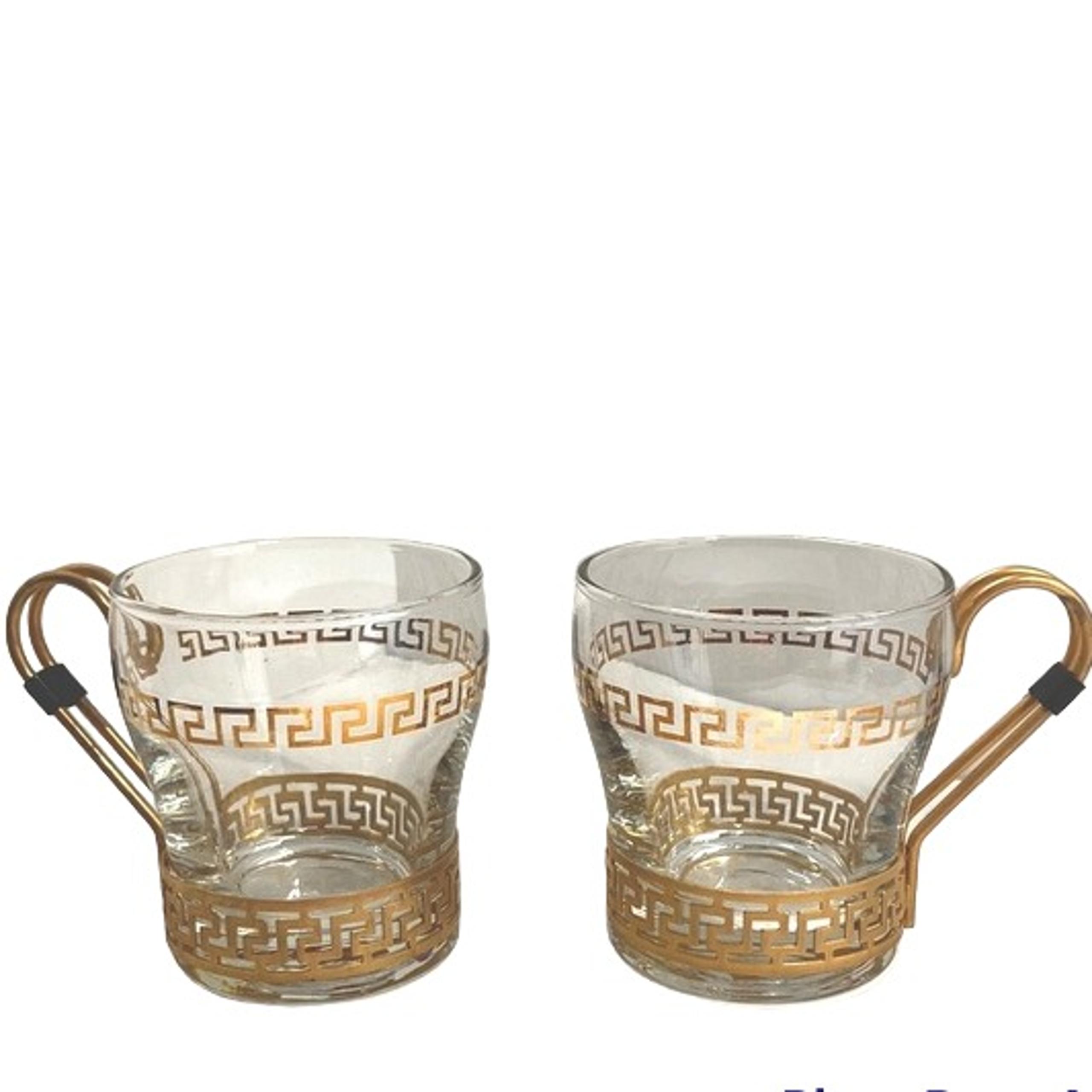 Libbey Vintage 1960s Greek Set of 2 Key Glass Cup Mug Metal w Handles