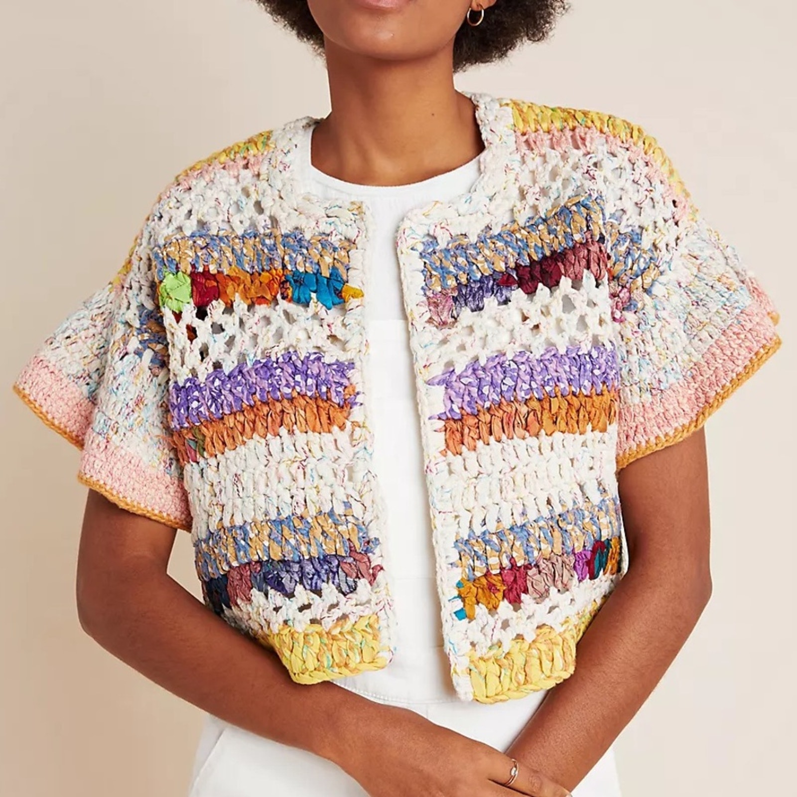 Anthropologie Striped Crotchet Cardigan Sweater sz MP
