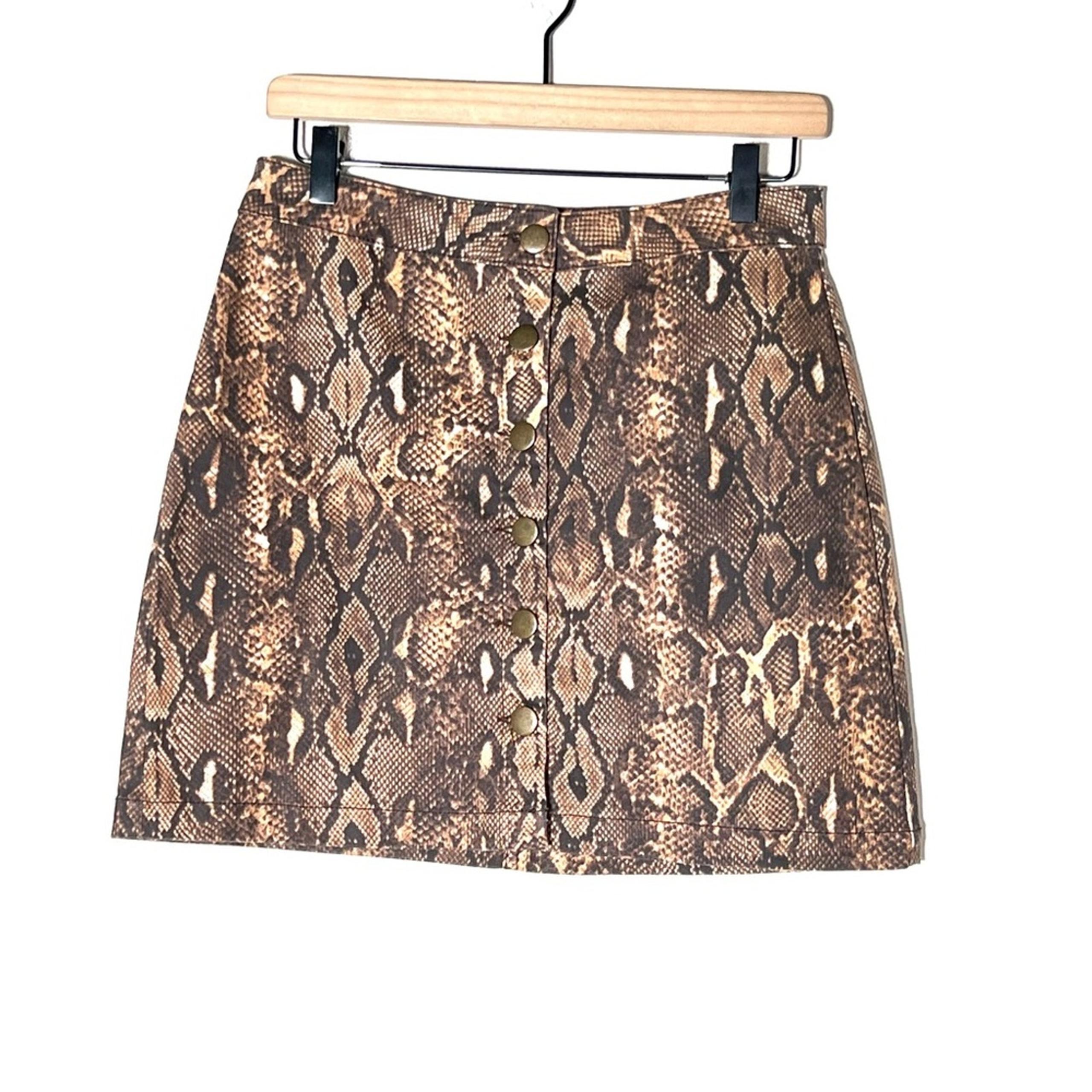 Gianni Bini brown reptile snake skin print A line buttoned skirt medium M B156