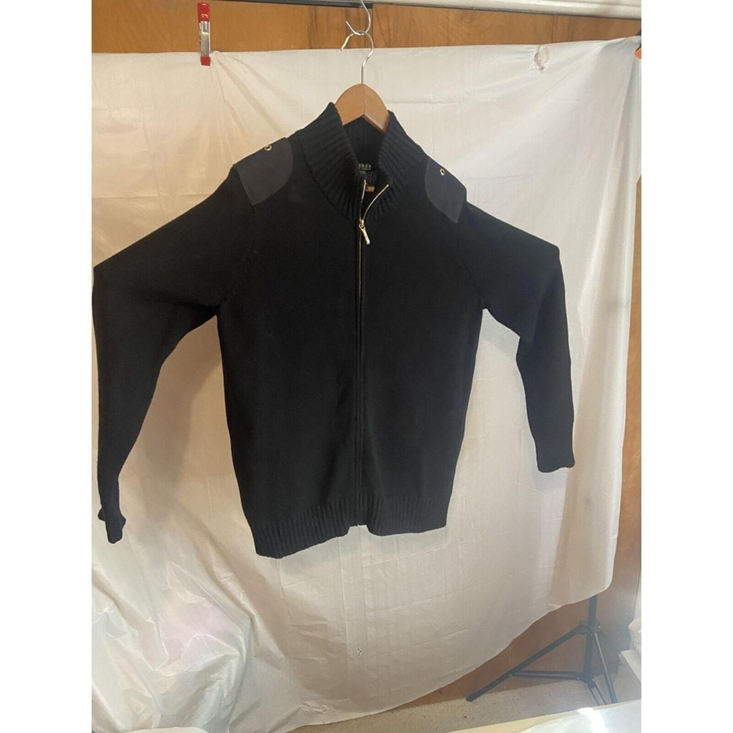 Women's Lauren Ralph Lauren-Black Tight Knit-Full Gold Zipper Sweater-Size 1XL
