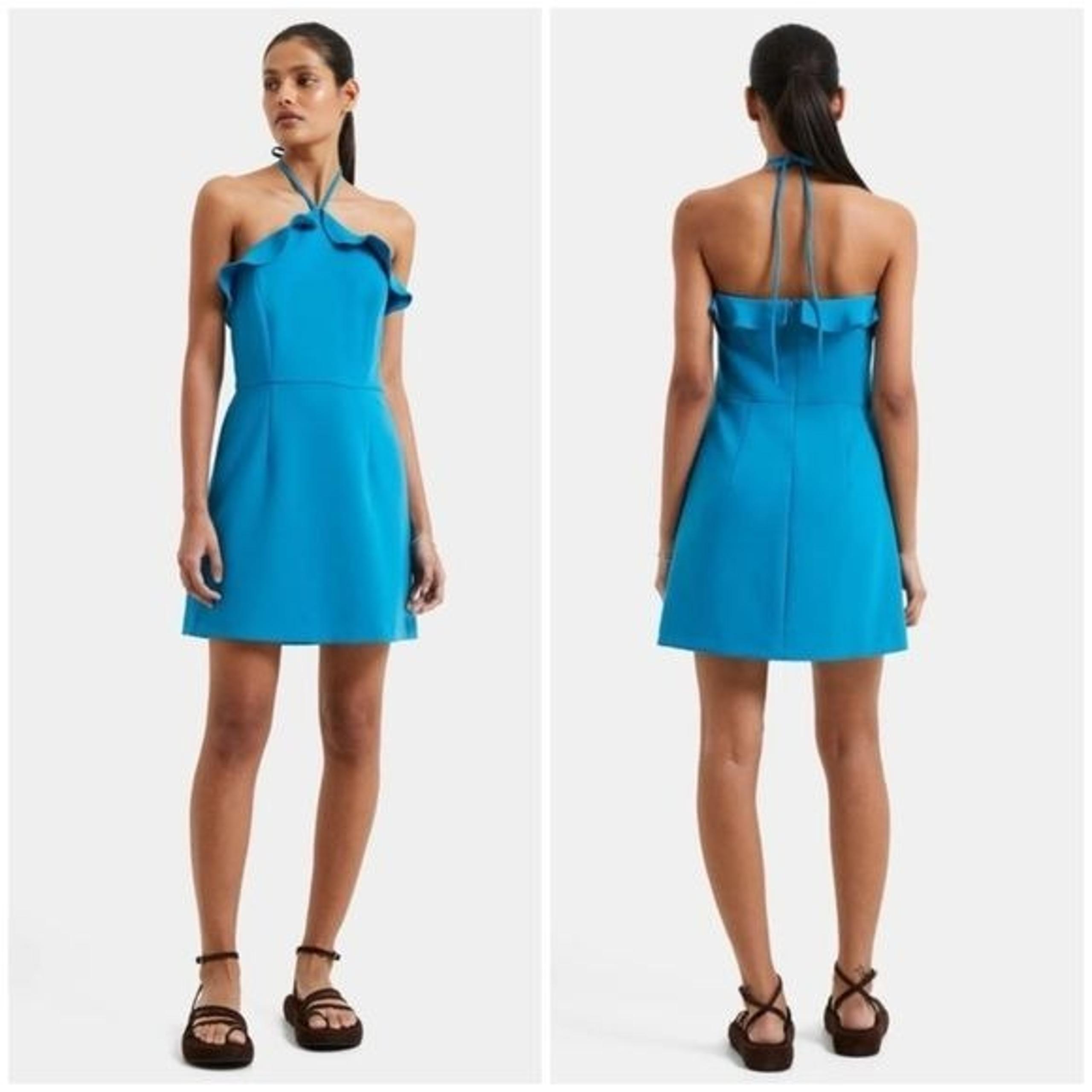 New French Connection Whisper Ruth Ruffle HalterNeck Dress Mosaic BLue Size 12